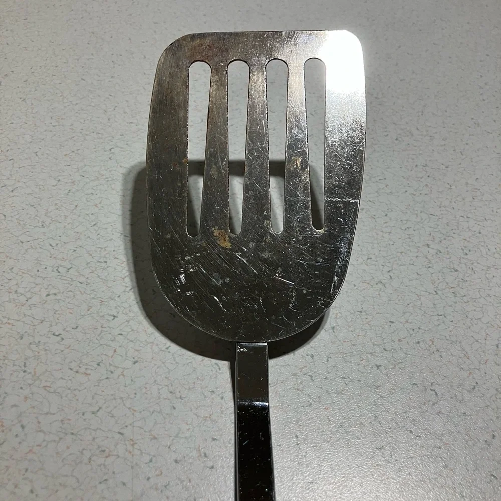 Slotted Metal Spatula Turner Flipper White Melamine Handle 13.5” Vintage